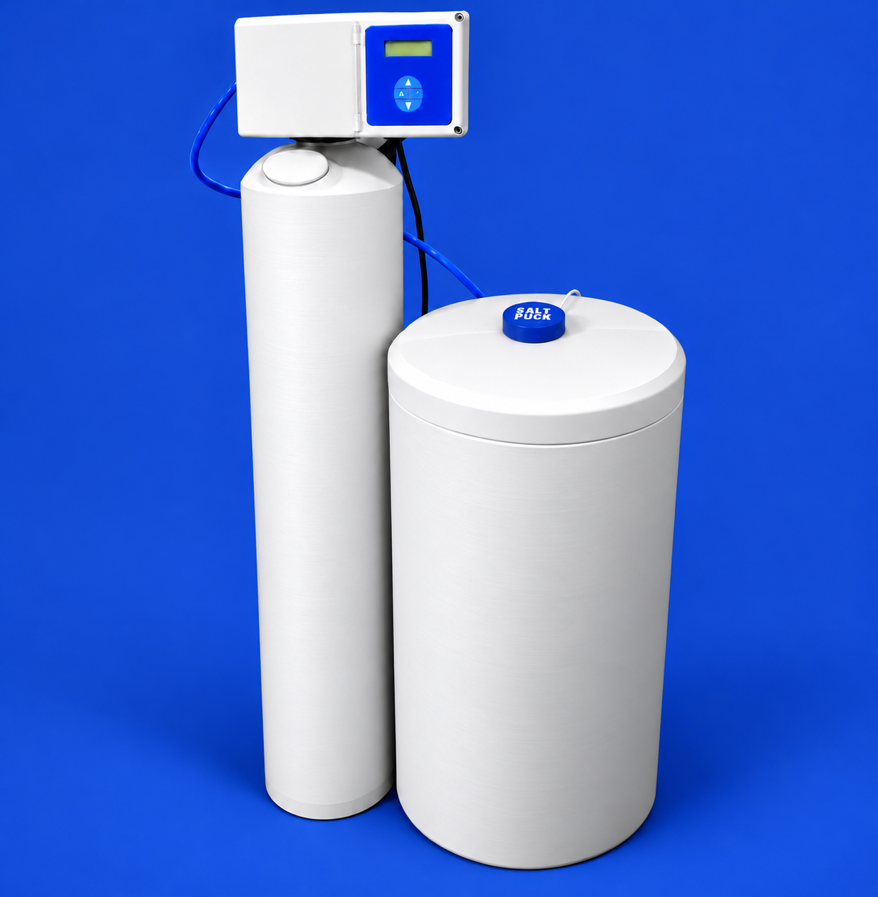 Compact cobalt-blue Salt Puck on the lid of a white brine tank