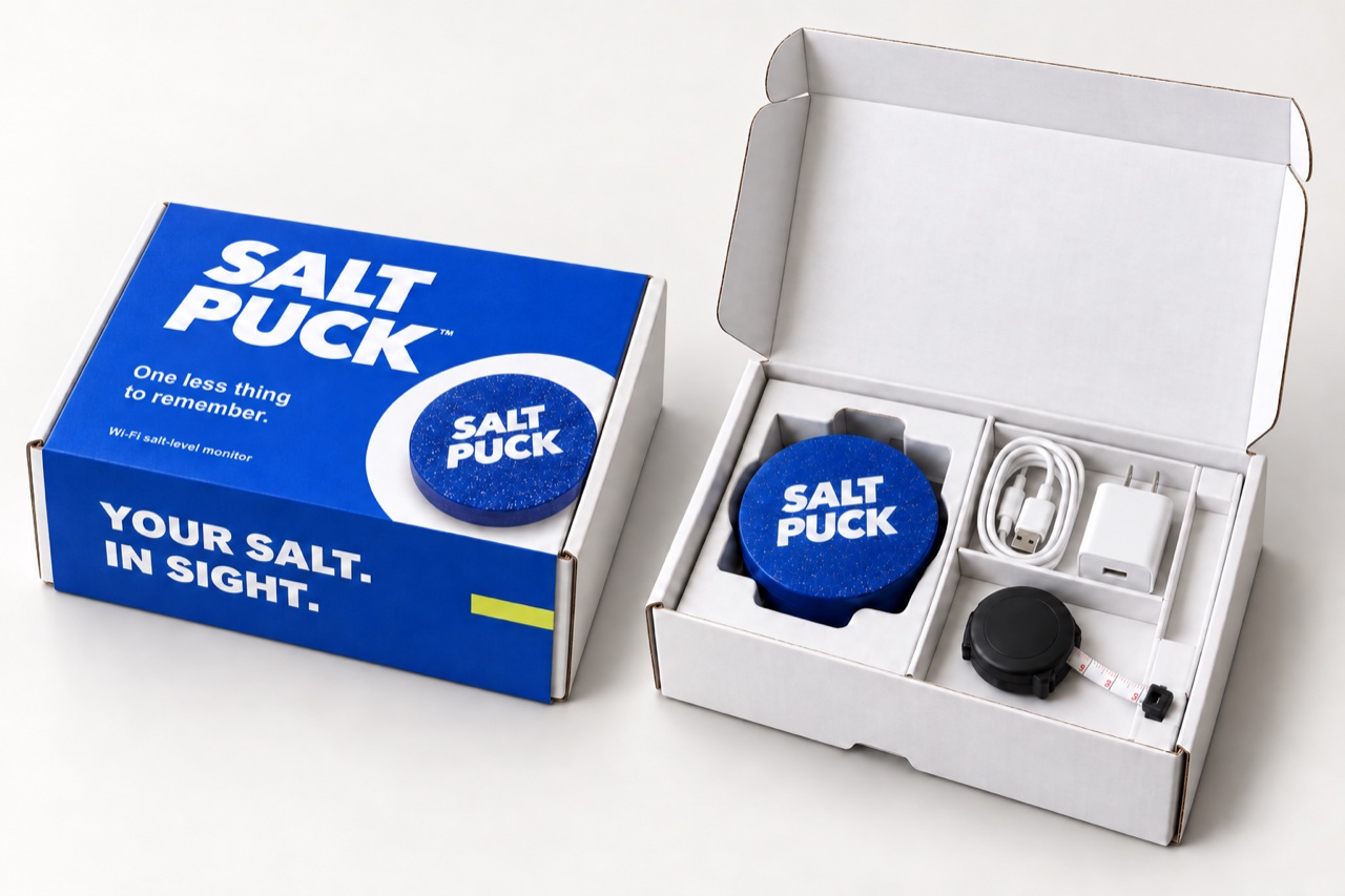 Packaging mockup showing a closed Salt Puck box with a cobalt-blue sleeve and white ends beside an open white kit box containing a cobalt-blue puck with white lettering, USB cable, wall charger and tape measure