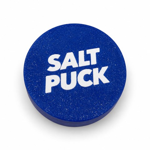 Cobalt-blue Salt Puck with white lettering
